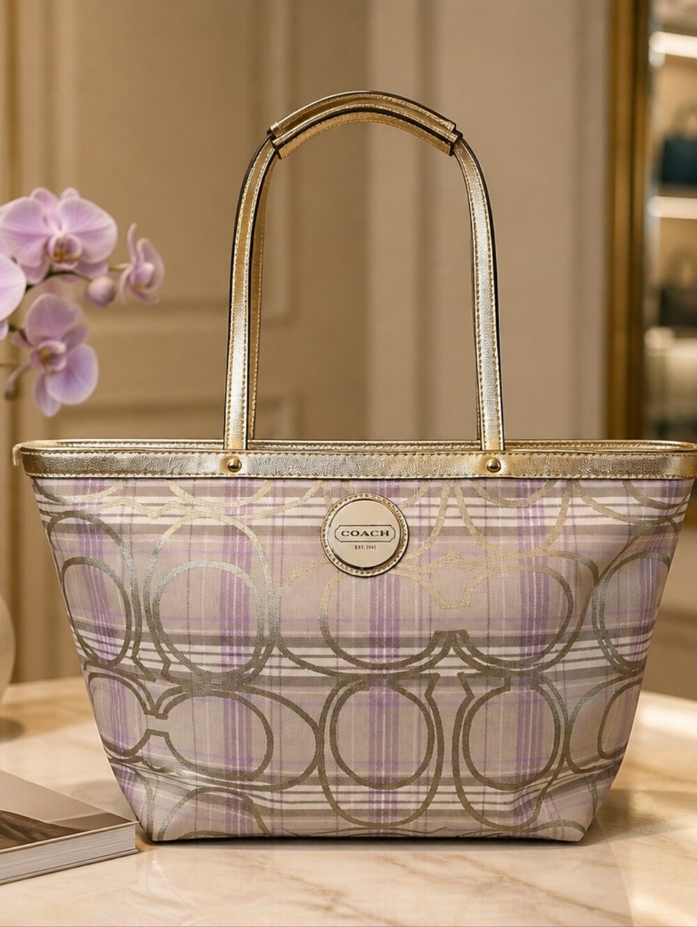 Coach Metallic Gold Trim Lavender Signature Tote